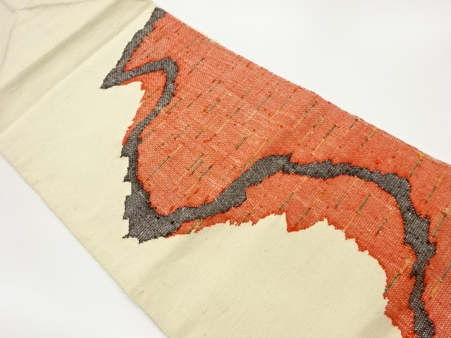 リサイクル　手織り真綿紬変わりよろけ縞に横線模様織出し名古屋帯